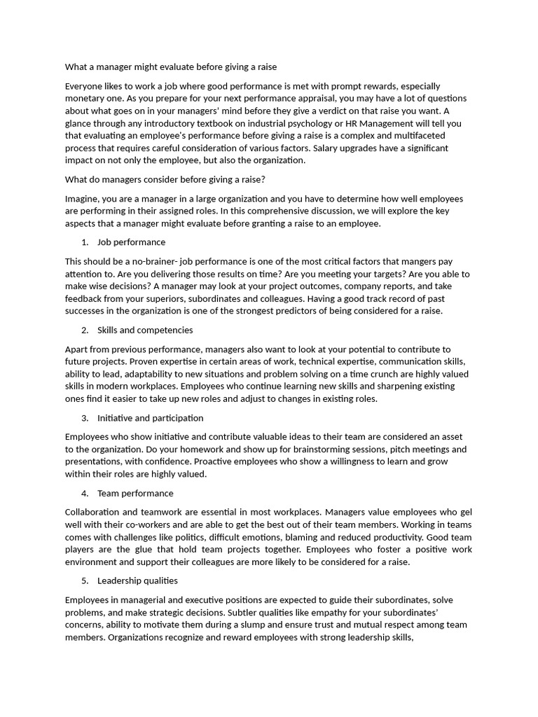 What a manager might evaluate before giving a raise PDF Employment