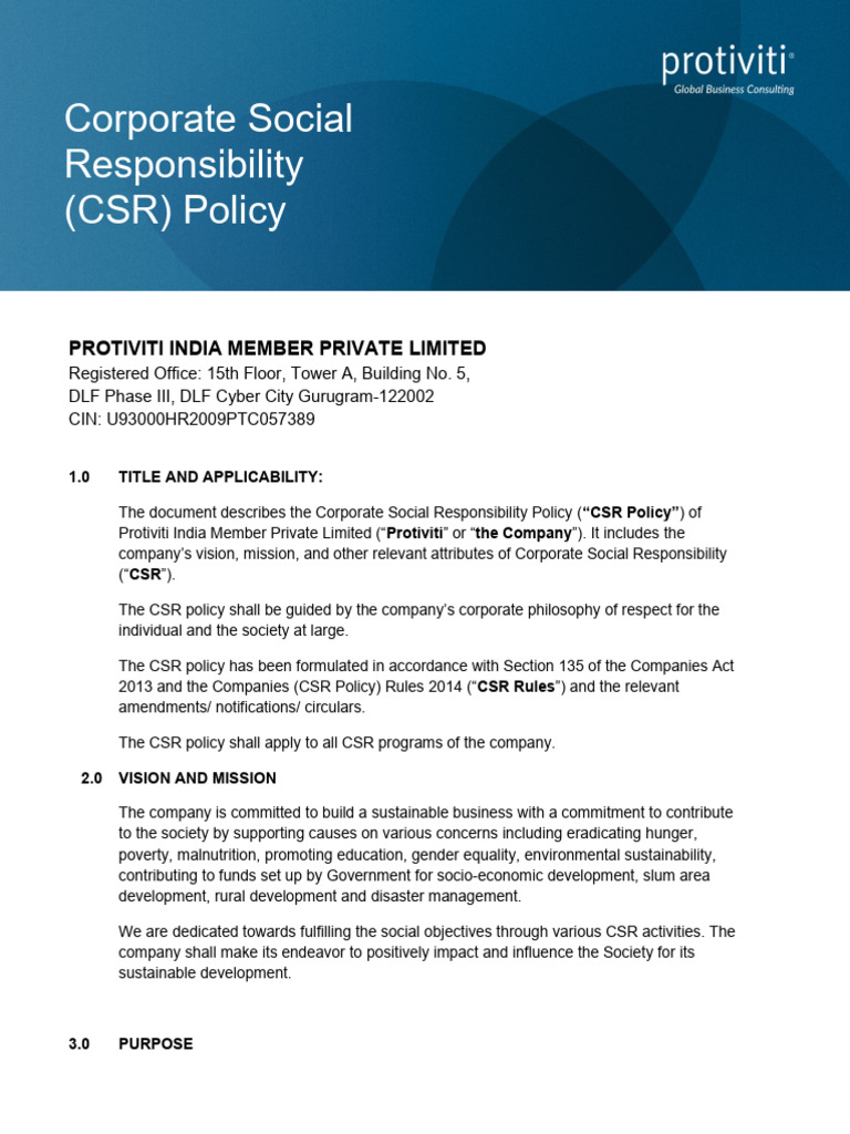 Protiviti India CSR Policy Overview | PDF | Corporate Social ...