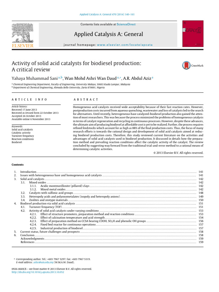 Activity of Solid Acid Catalysts For Biodiesel Production A Critical ...