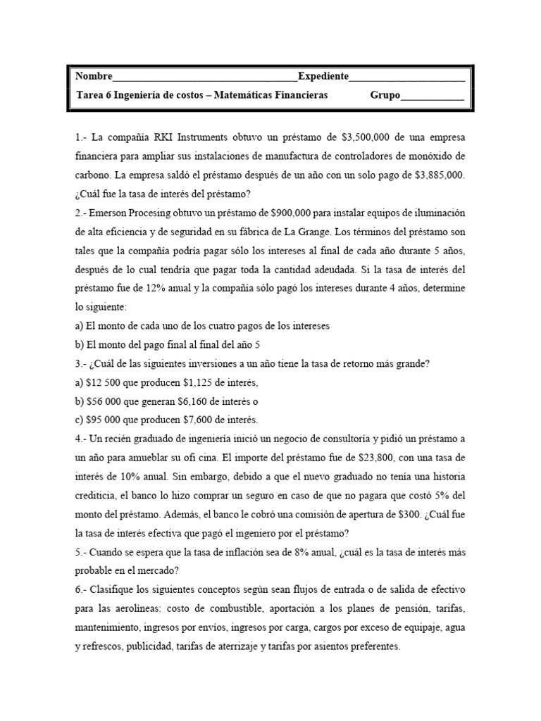 Tarea 6 Ingeniería de Costos - Matemáticas Financieras | PDF | Tasas de ...