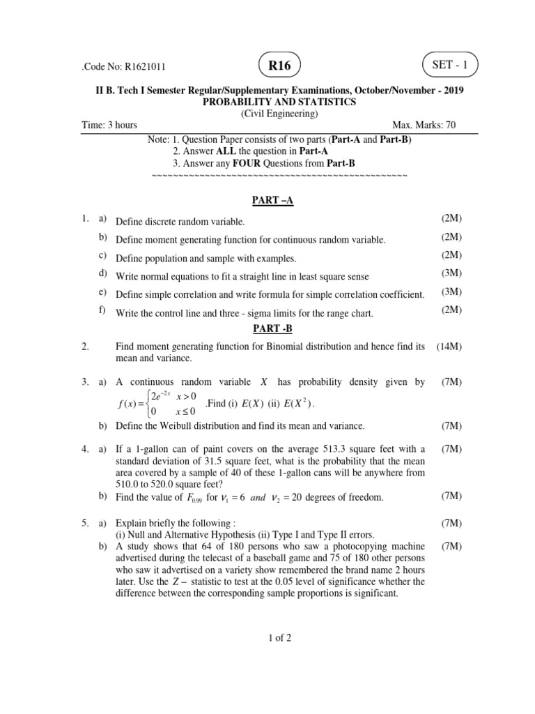 Probability and Statistics Exam Paper | PDF | Variance | Probability ...