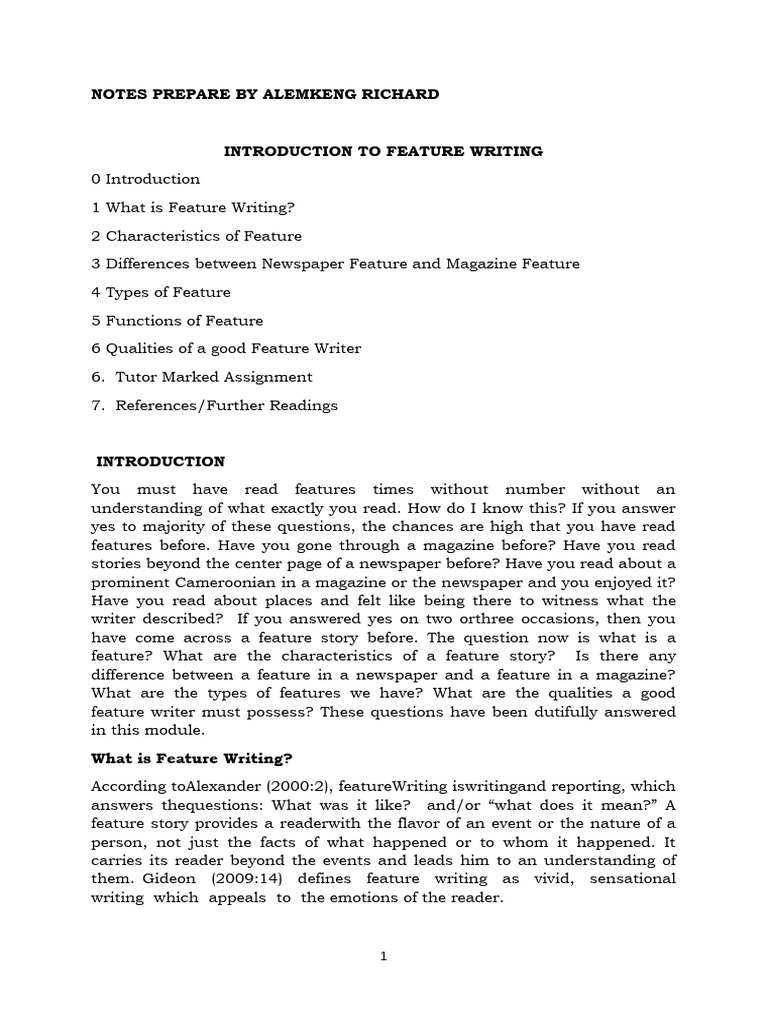 Introduction to Feature Writing | PDF | News | Newspapers