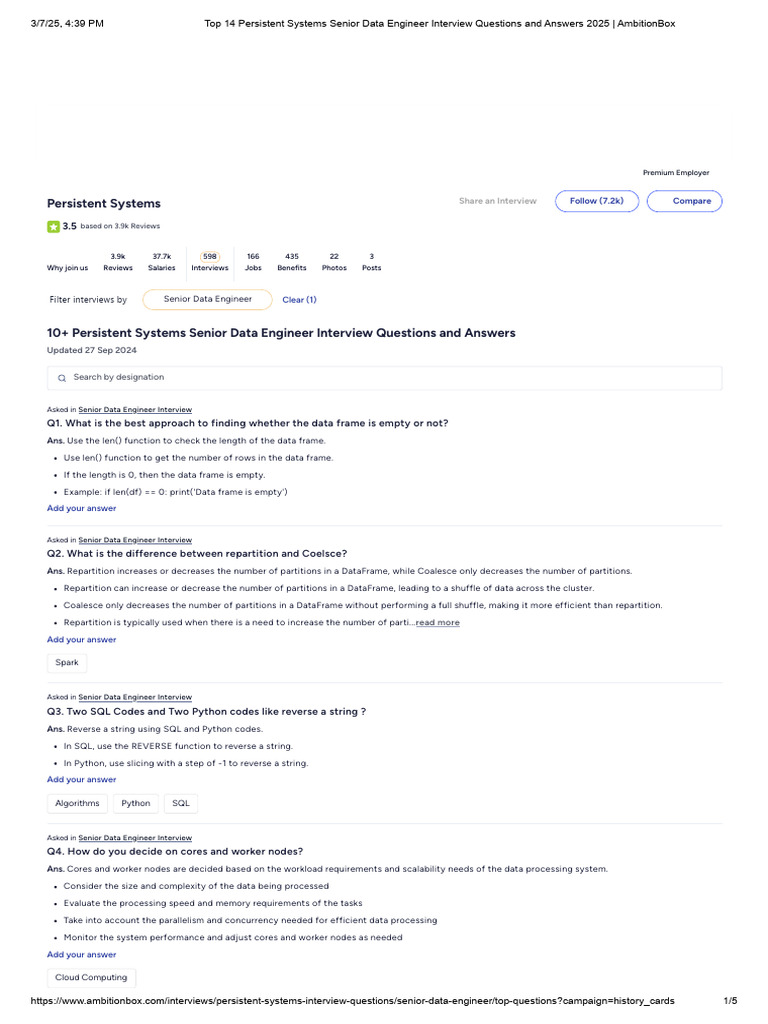 Persistent Systems Senior Data Engineer Q&A | PDF | Apache Spark ...