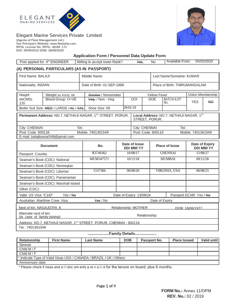 Marine Personnel Data Update Form | PDF | Oil Tanker | Water Transport