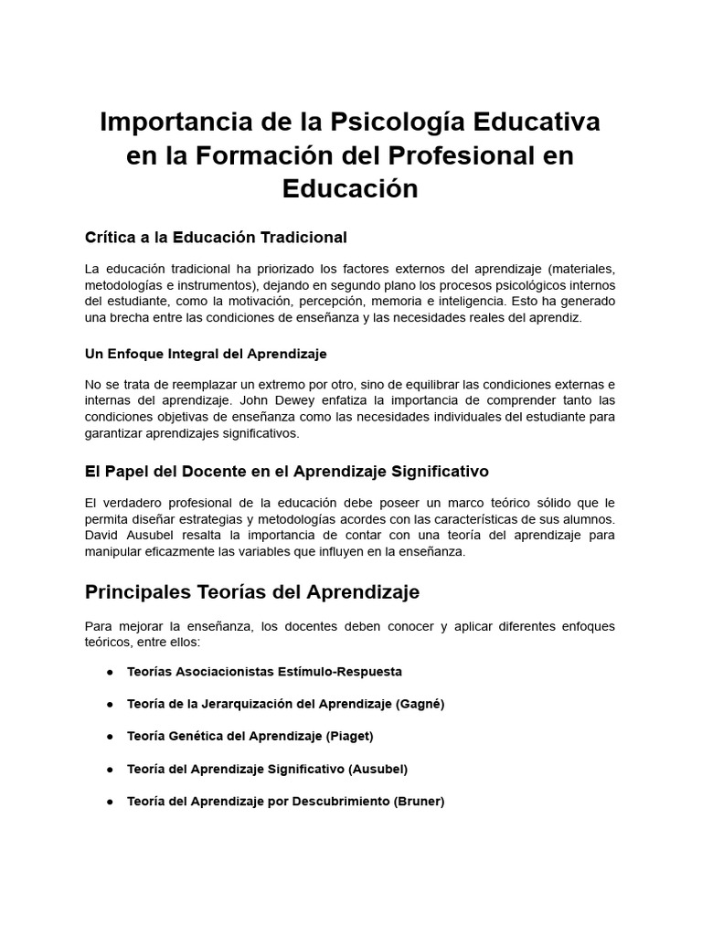 Psicología Educativa y su Impacto en Docentes | PDF | Sicología ...