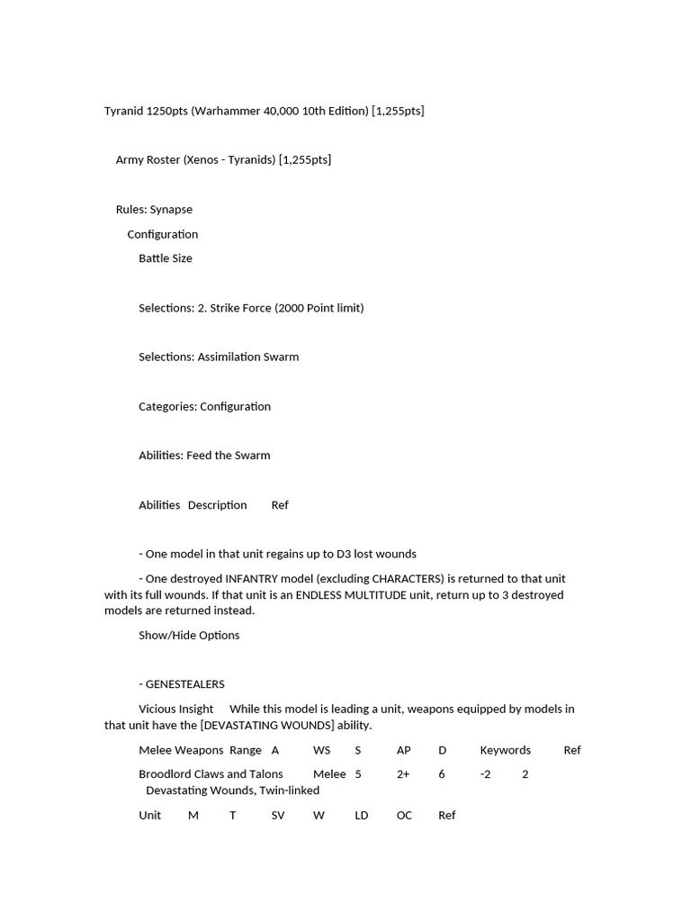 Tyranid Army List 1250pts for Warhammer 40K | PDF