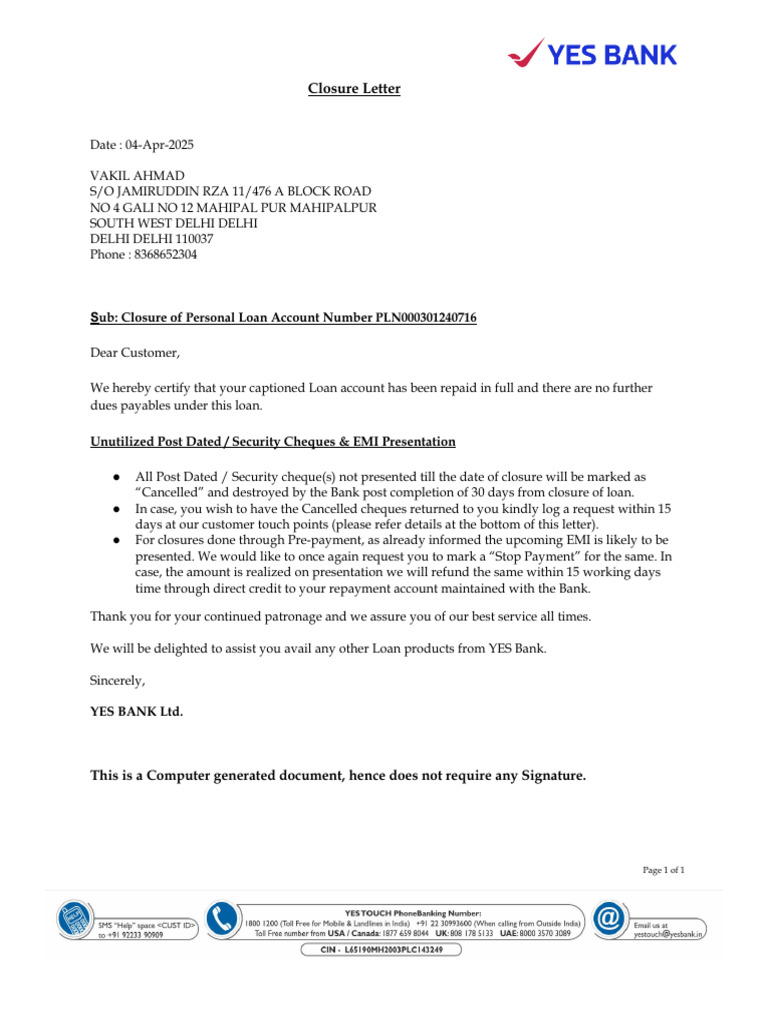 Personal Loan Closure Confirmation Letter | PDF