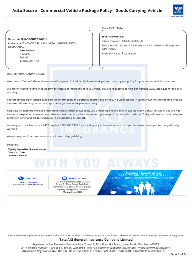 Tata AIG Motor Vehicle Insurance Policy | PDF | Insurance | Driver's ...