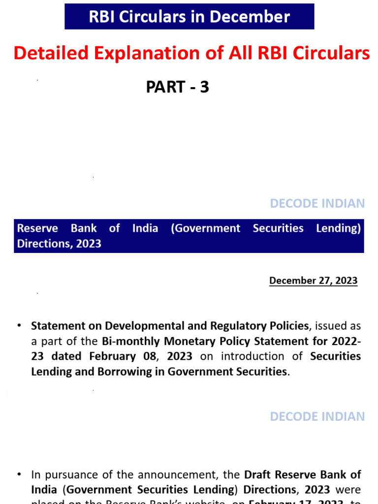 RBI Government Securities Lending Guidelines | PDF | Repurchase ...
