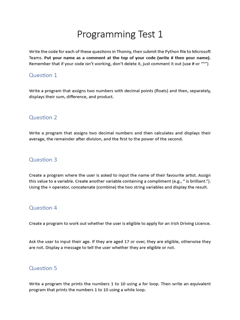 Python Programming Test Instructions | PDF