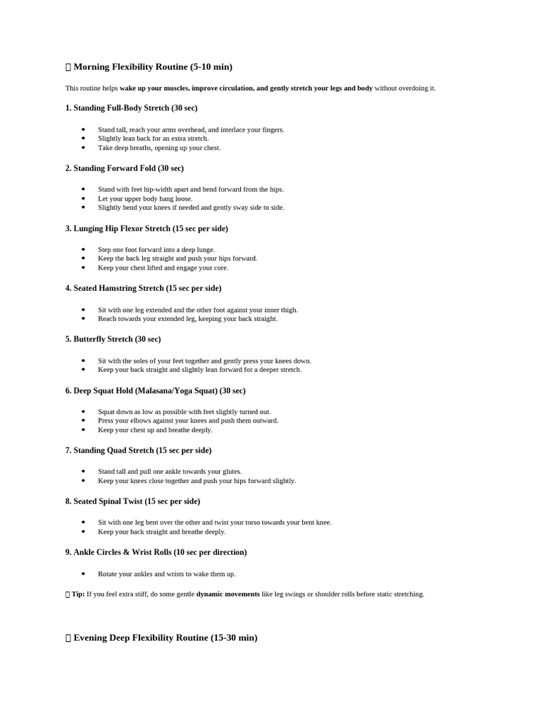 Morning Flexibility Routine Guide | PDF | Anatomical Terms Of Motion | Foot