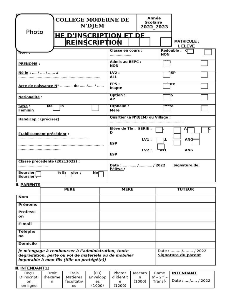 Fiche d'inscription au collège 2022-2023 | PDF