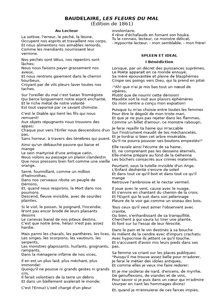 Baudelaire Spleen et Idéal en poésie PDF Les Fleurs du