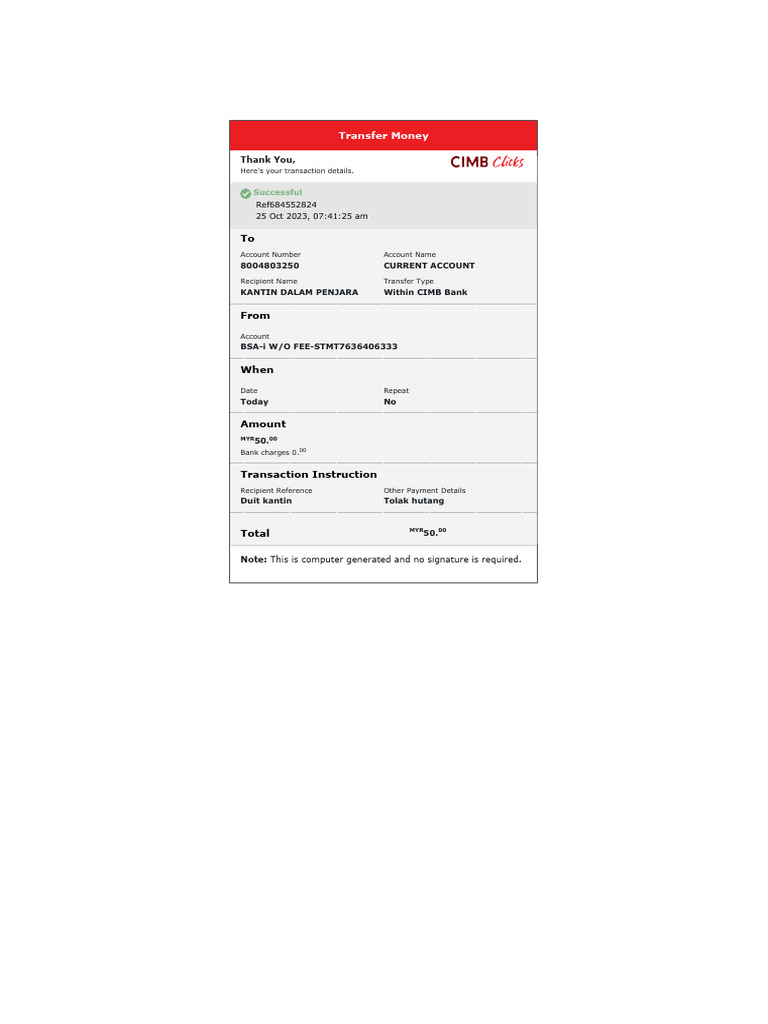 CIMB Bank Transfer Confirmation | PDF
