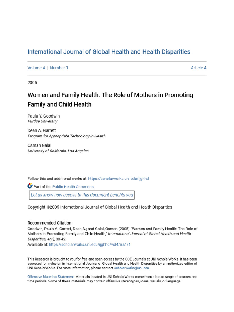 Women and Family Health - The Role of Mothers in Promoting Family | PDF ...