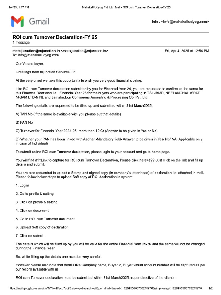 ROI Cum Turnover Declaration-FY 25 | PDF