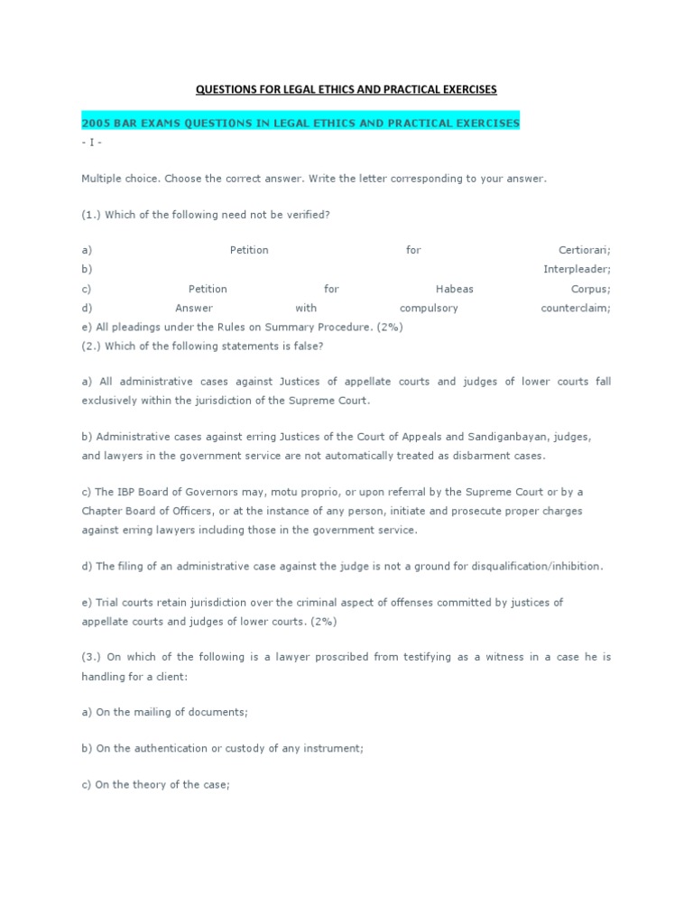 Questions for Legal Ethics and Practical Exercises from 2005 and 2006