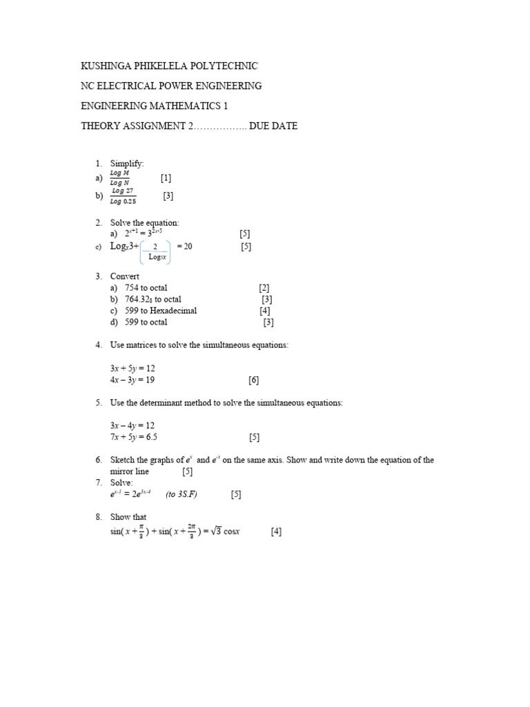 Electrical Engineering Math Assignment | PDF