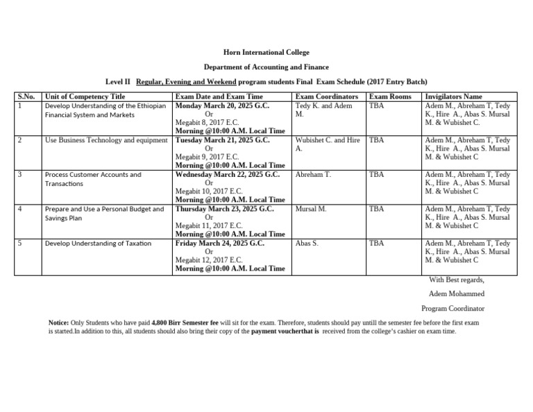 2017 Final Exam Schedule for Students | PDF | Payments | Money