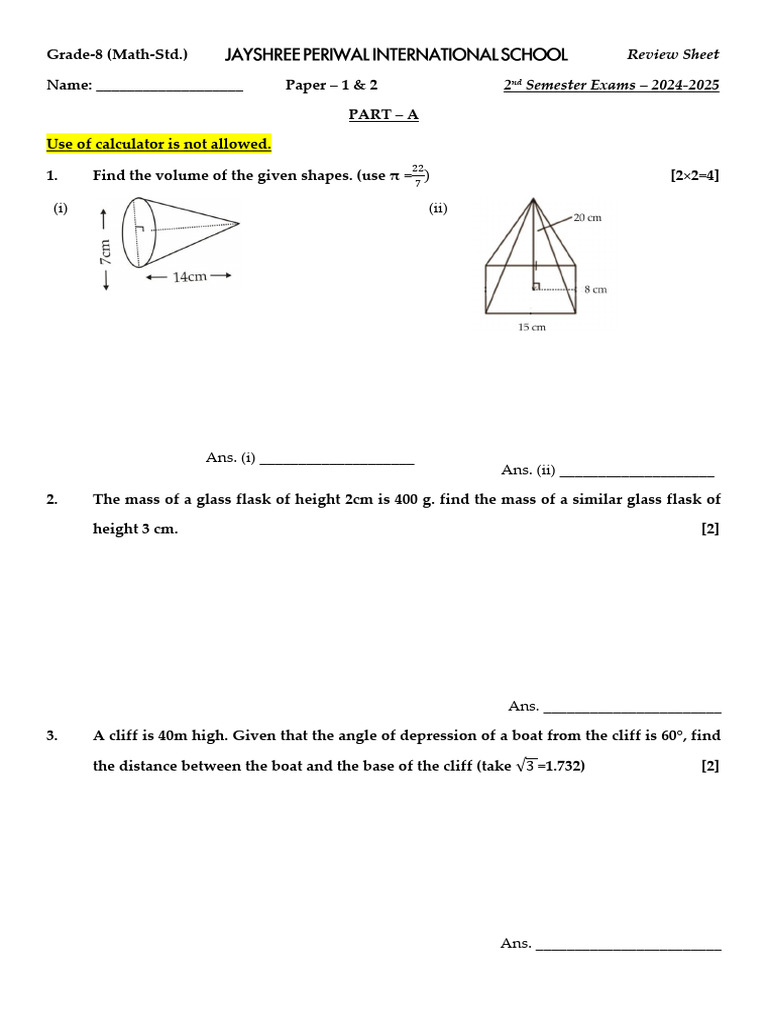 Grade-8-Math (STD.) - Review Sheet (Paper 1 & 2) Final | PDF | Area ...