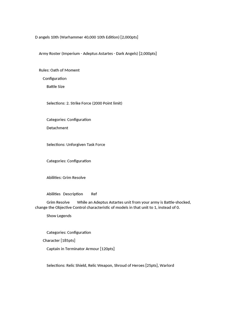 Dark Angels 2000pts Army Roster | PDF | Military