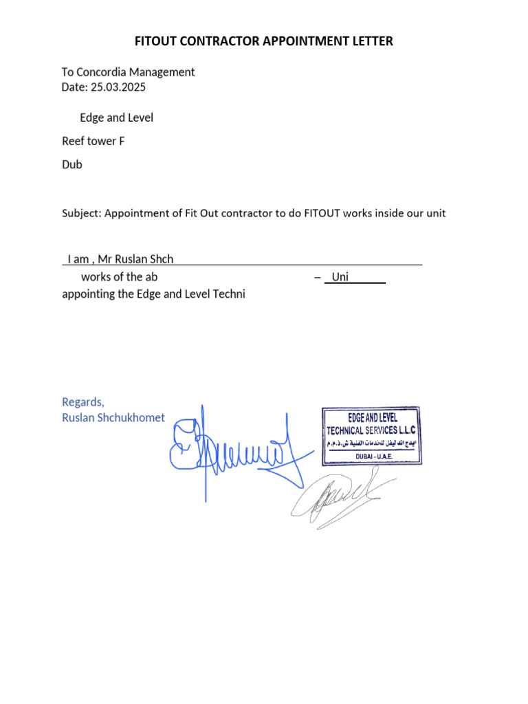 Fit Out Contractor Appointment Letter | PDF