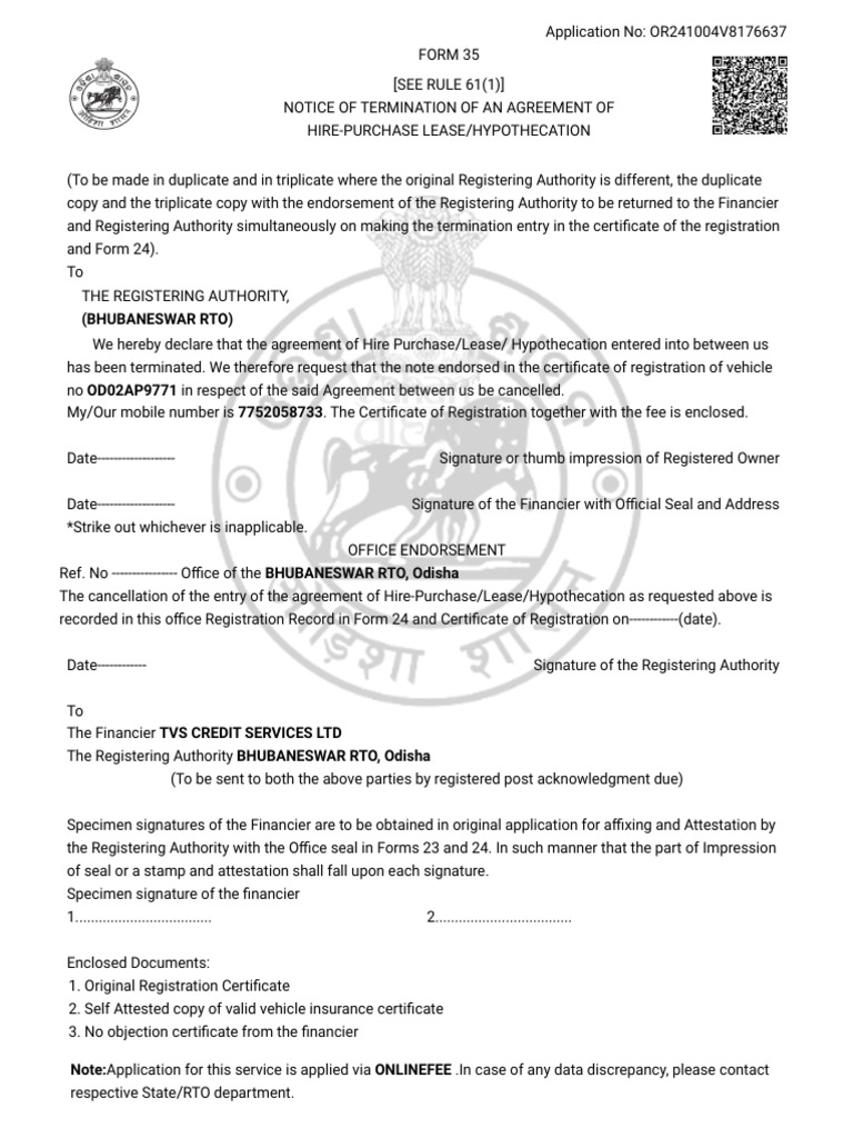 RTO Form 35: Hire-Purchase Termination | PDF