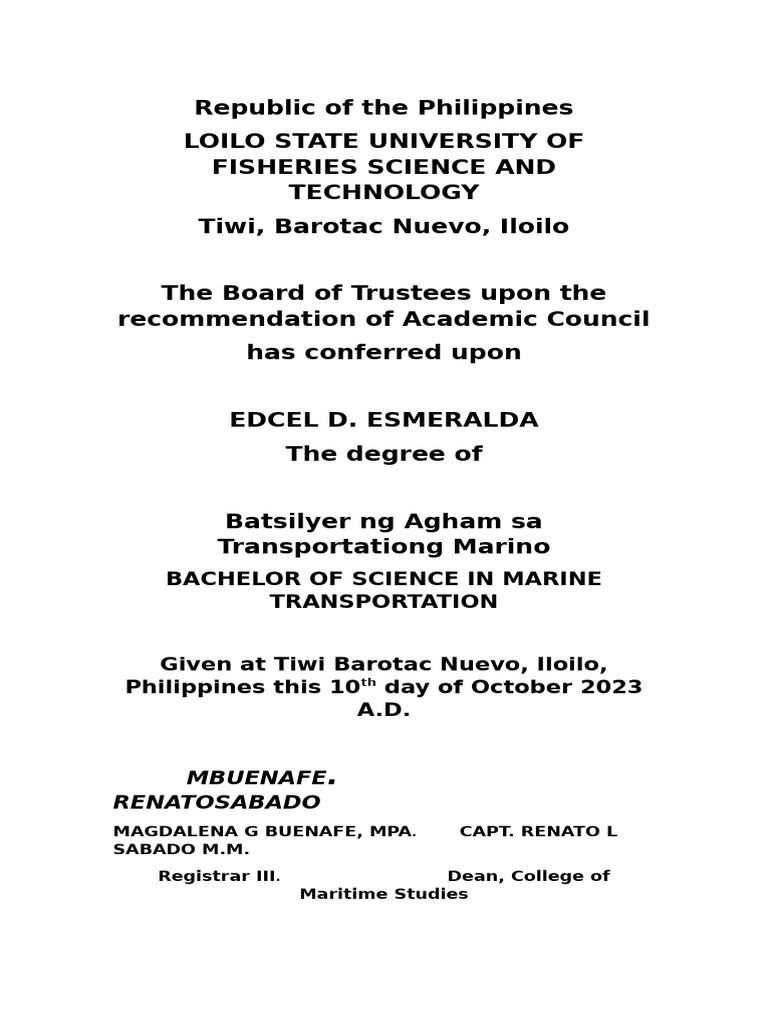 Bachelor of Science in Marine Transportation Awarded | PDF