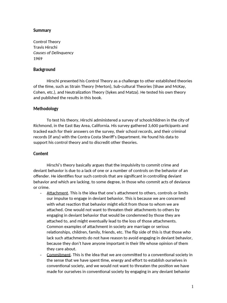 Hirschi's Control Theory of Delinquency | PDF | Deviance (Sociology ...