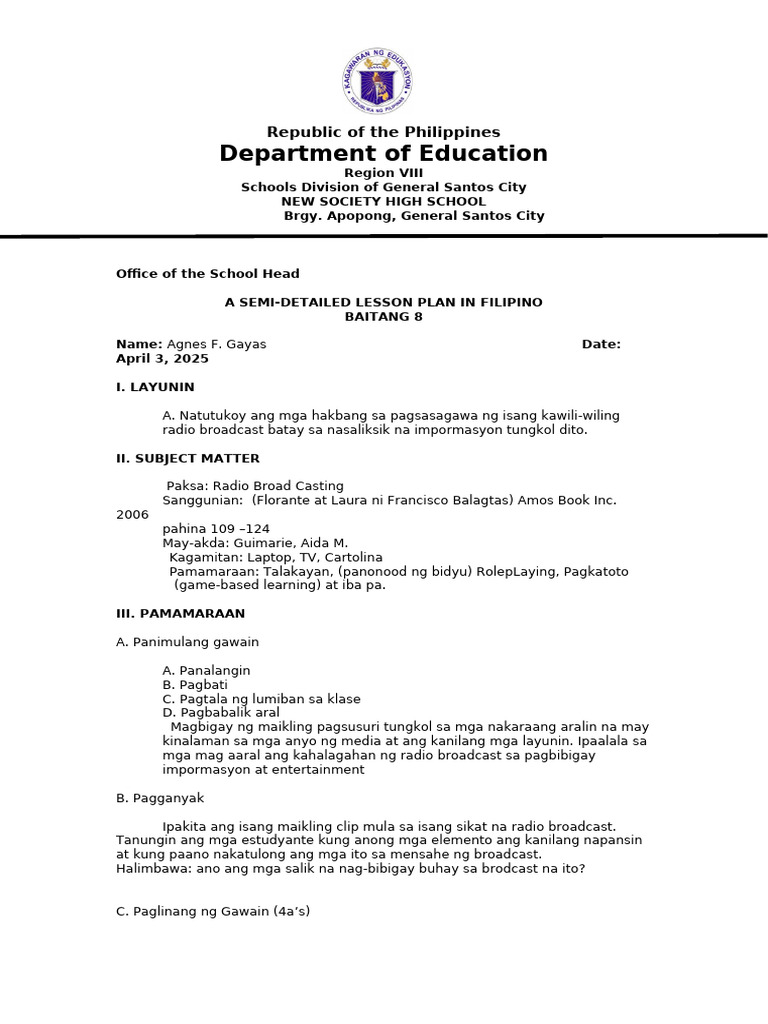 Gayas Agnes F. Grade 8 Filipino | PDF