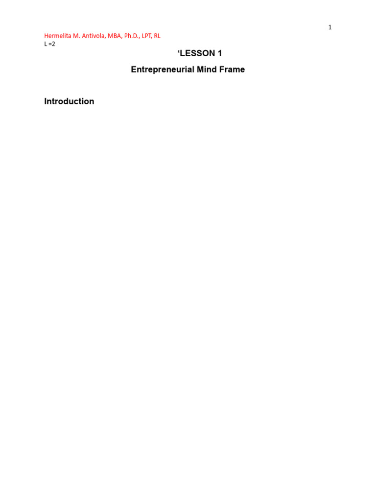 Lesson 1 - Entrepreneurial Mind Frame | PDF