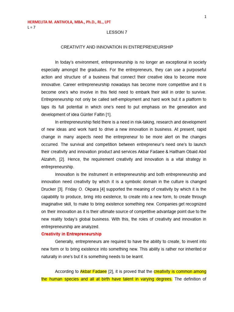 Creativity and Innovation in Entrepreneurship | PDF | Entrepreneurship ...