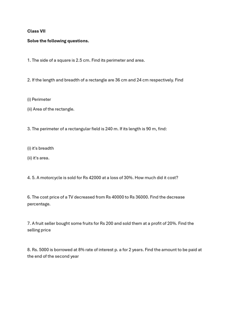 Class Vii Maths Worksheet Pdf
