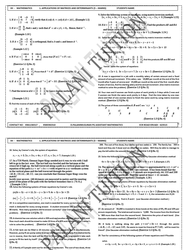12th Maths EM Unit 12 Five Mark Question Papers English Medium PDF ...