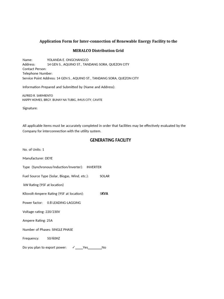 Ongchangco Net Metering Application | PDF