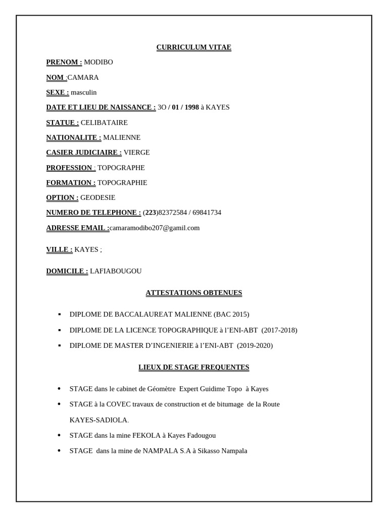 CV de Modibo Camara, Topographe | PDF