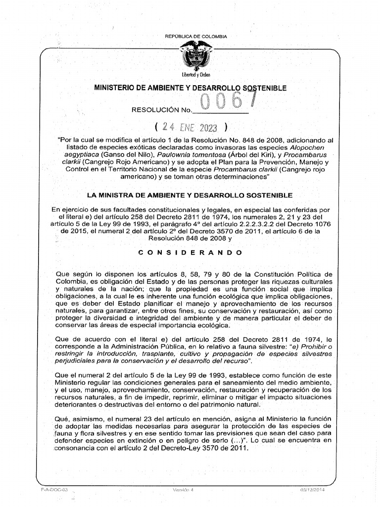 Resolucion 0067 de 2023 Declara Invasoras | PDF