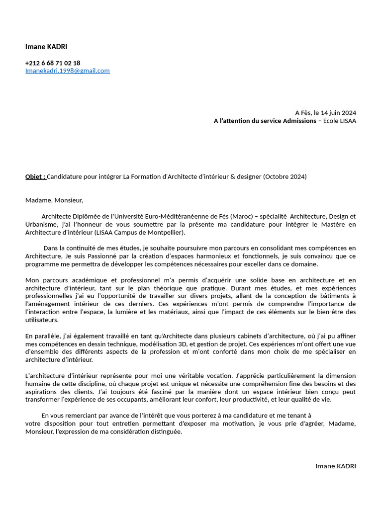 Lettre de Motivation LISAA PDF Aménagement d'intérieur Architecte — free download