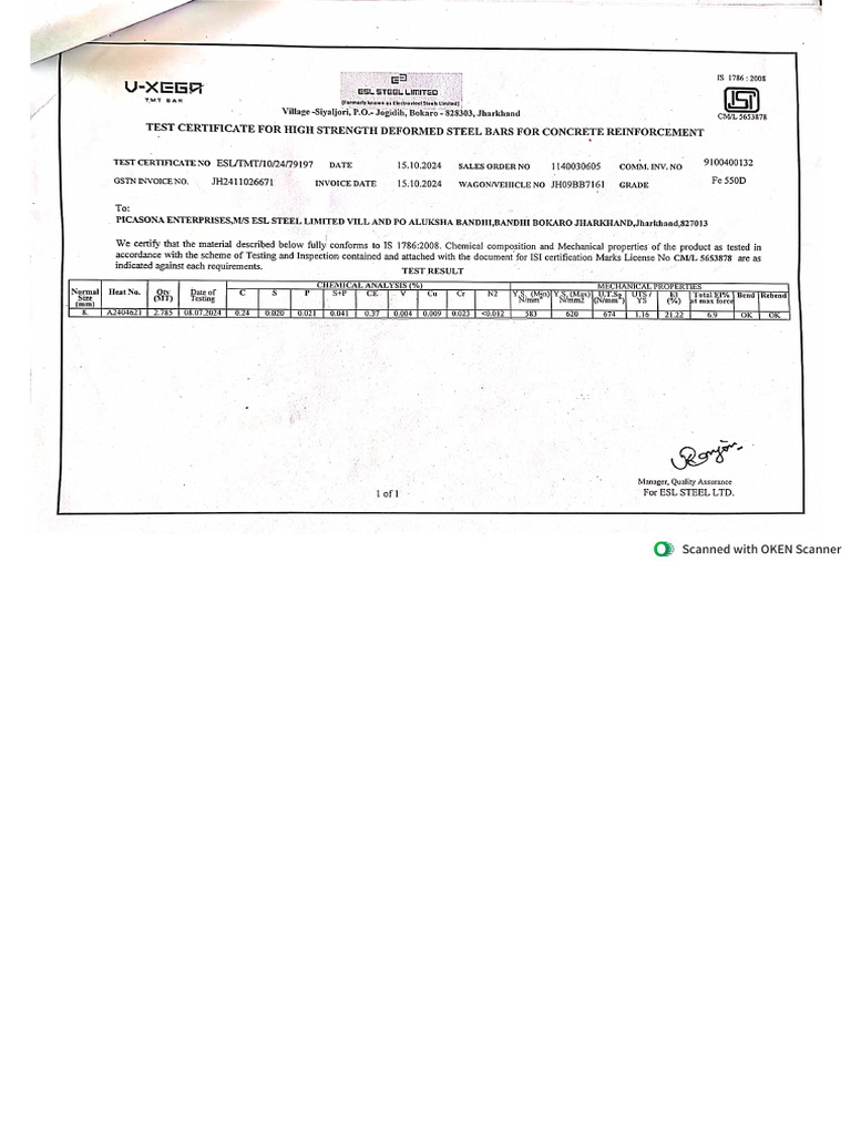 Steel Test Certificate | PDF