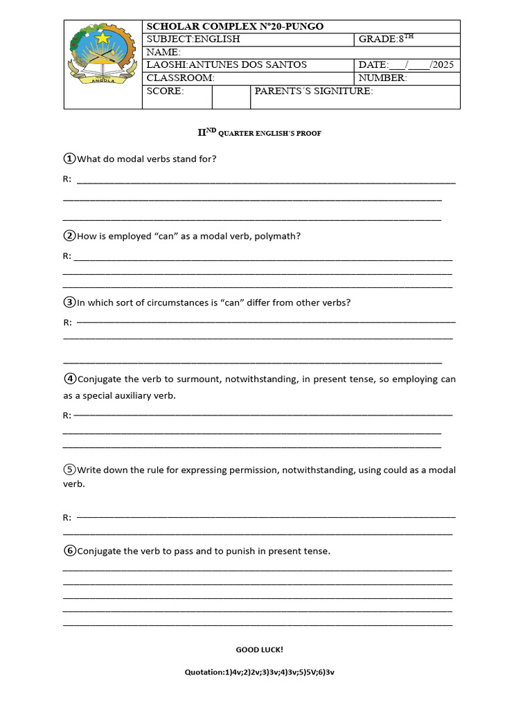 II Quarter English Exam 8th Grade | PDF