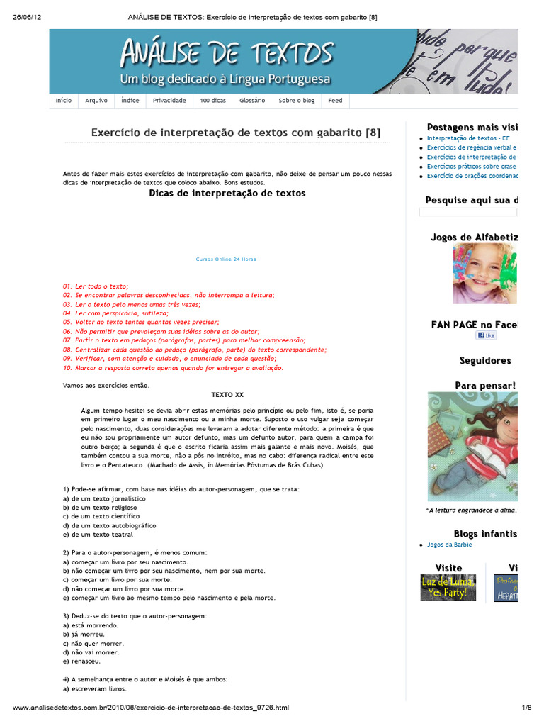 Exercícios de Interpretação de Textos com Gabarito | PDF | Morte ...