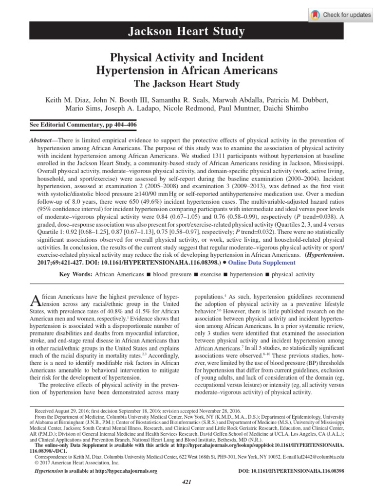 Diaz Et Al 2017 Physical Activity and Incident Hypertension in African ...