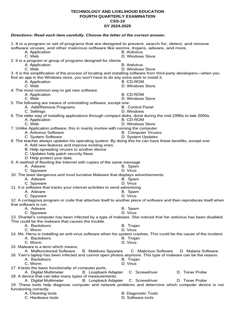 Technology and Livelihood Education Exam | PDF | Malware | Computer Virus