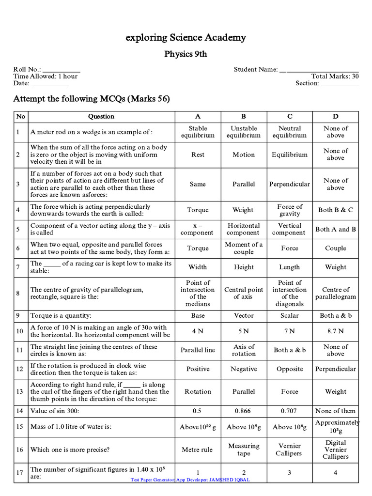 PHYSICS TEST CLASS 9 TEST CH 1 TO 6 BISERWP | PDF | Force | Friction