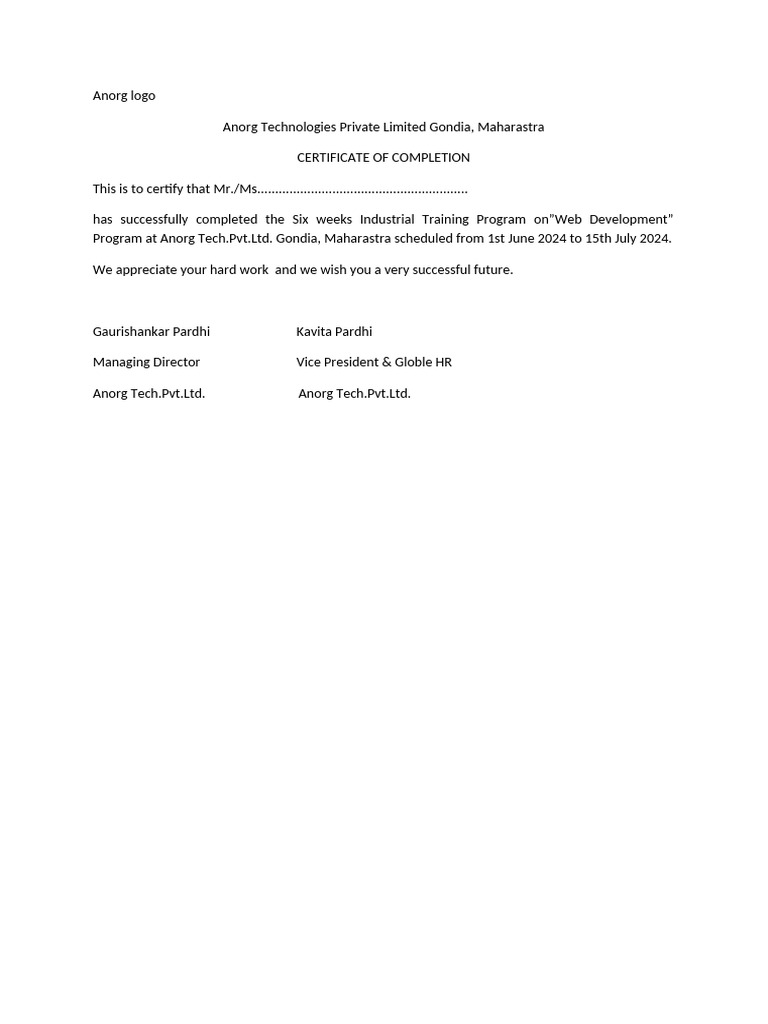 Web Development Training Certificate | PDF