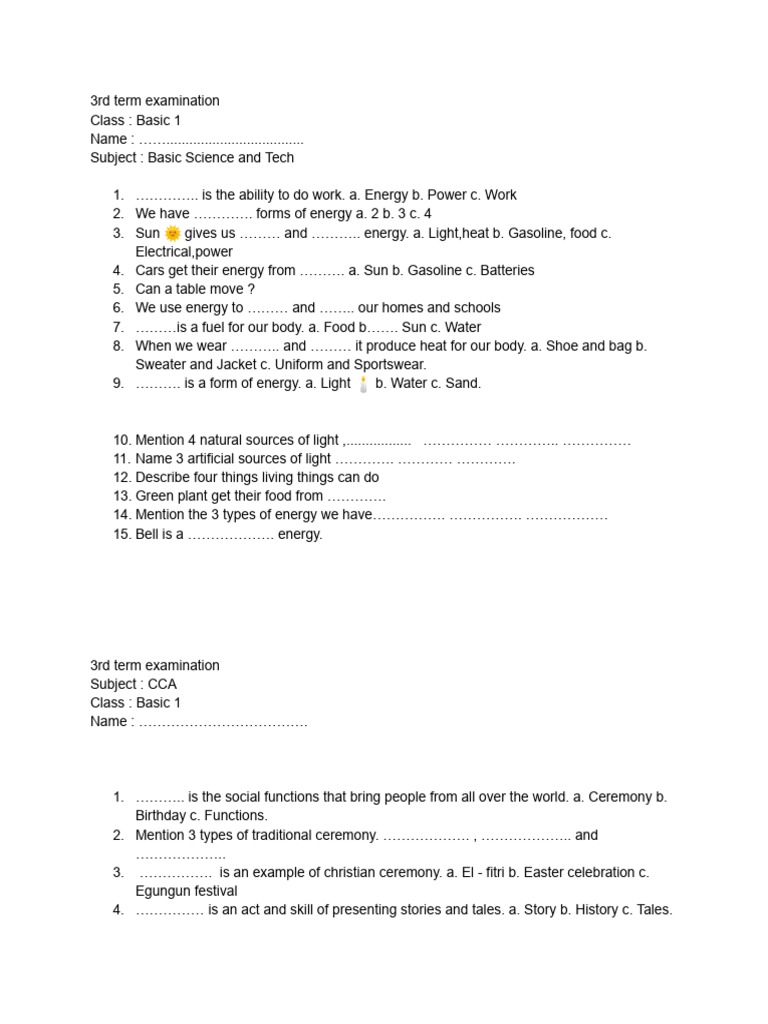 Basic 1 3rd Term Exam Questions | PDF | Foods