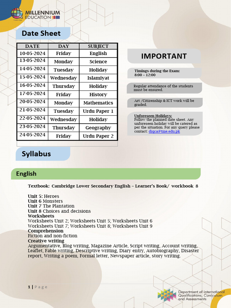 Grade 7 Date Sheet and Syllabus Final Examination May 2024 | PDF | Area