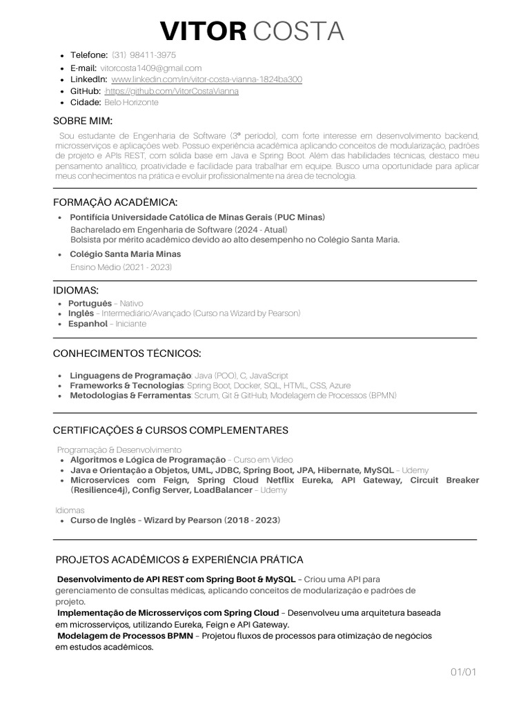 Currículo de Vitor Costa - Engenharia de Software | PDF