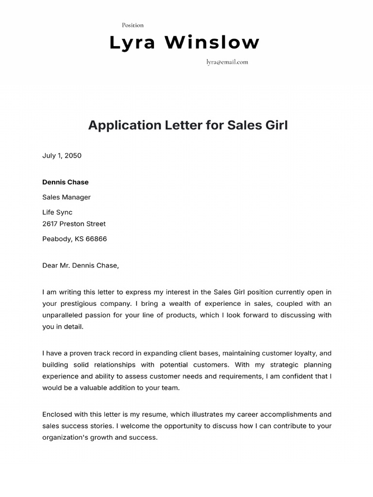 Application Letter for Sales Girl Template | PDF