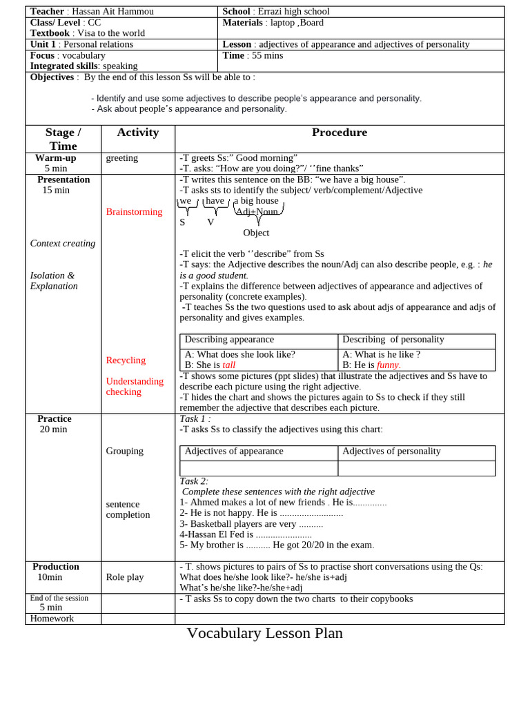 Lesson-Plan-Voc Adjs Appearance Adjs Personality | PDF | Adjective ...